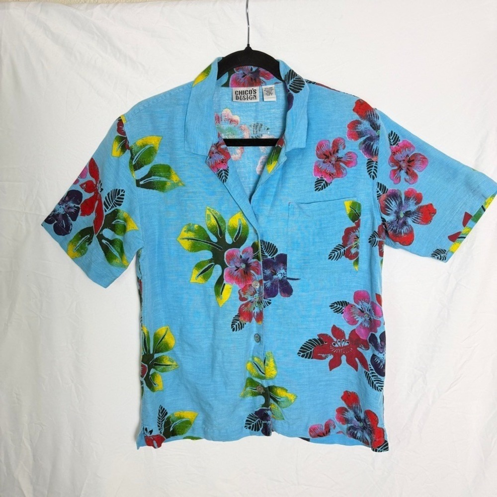 VTG 90s Chicos Design Blue Hawaiian Floral Button Up Linen Shirt Vibrant Sz 0/XS
